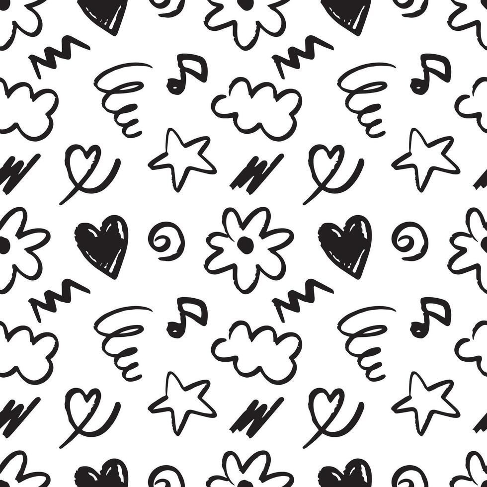 Doodle hand drawn seamless pattern background. Cute stuffs outline. Flower, cloud, music and heart vector