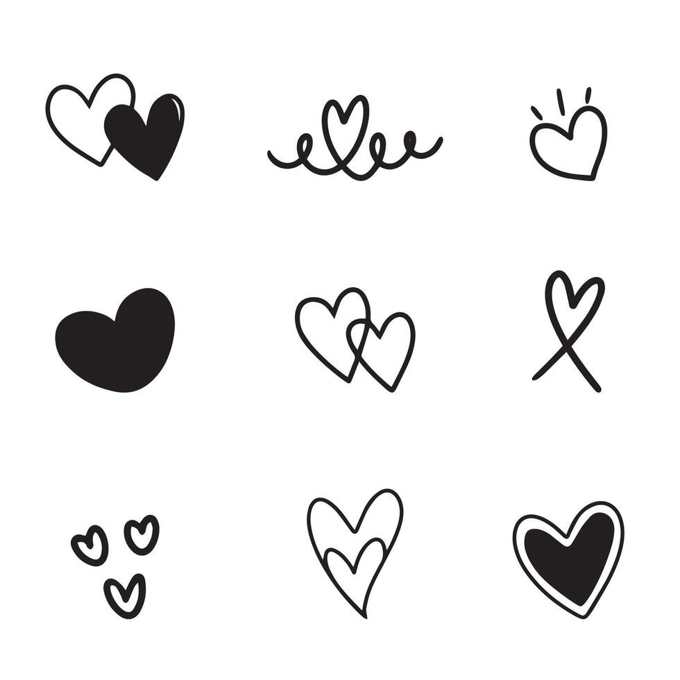 Heart or love doodle hand drawn with black line for element, illustration, valentine and celebration. Different shapes vector