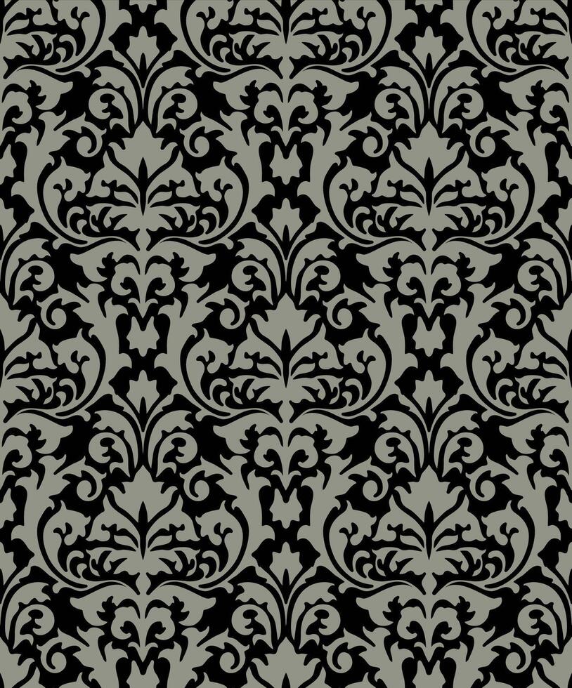Dramatic damask pattern in black and gray with bold ornamental designs and floral symmetry. vector