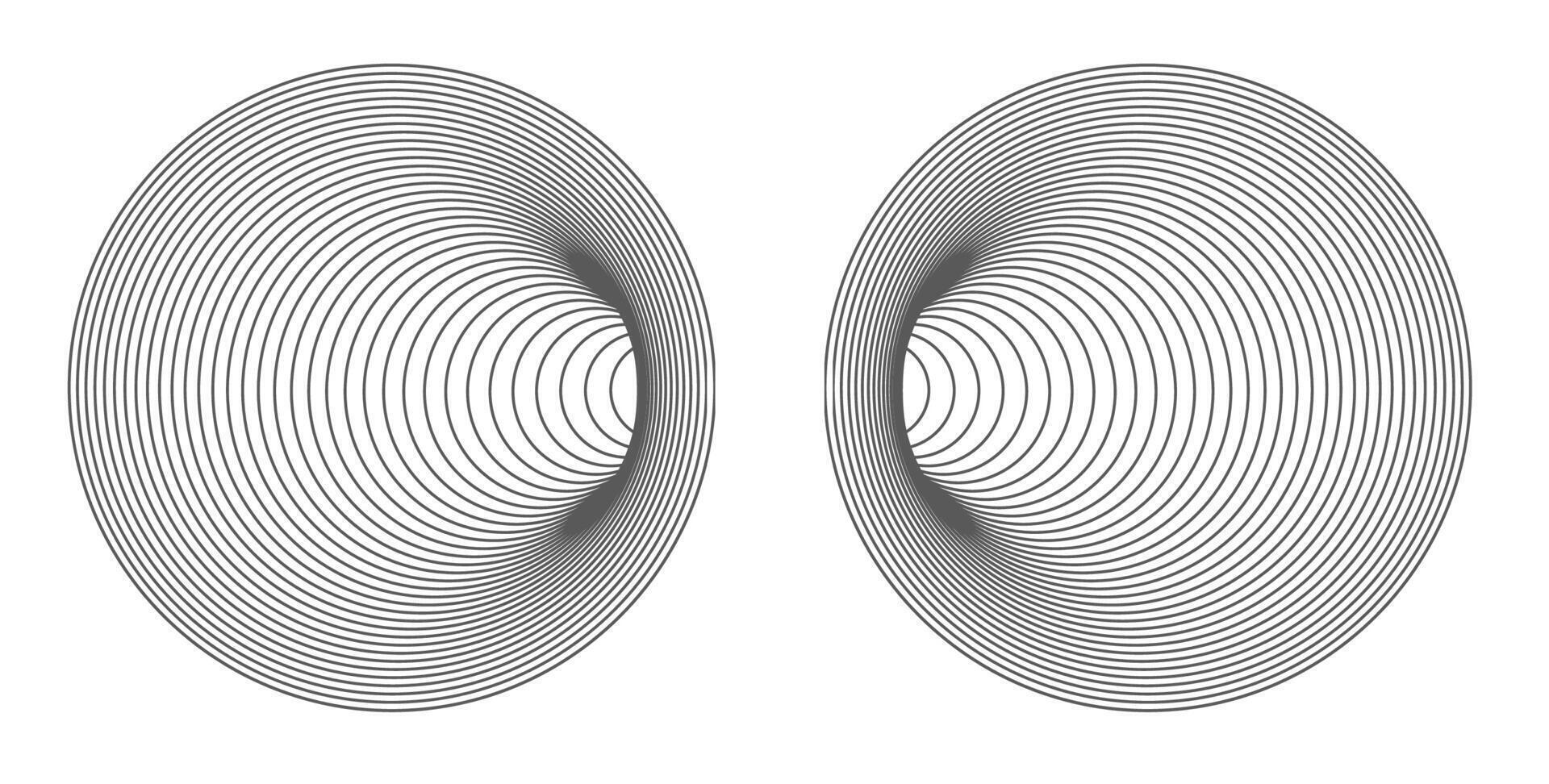Symmetrical design of two mirrored circles with concentric black lines on a white background. vector