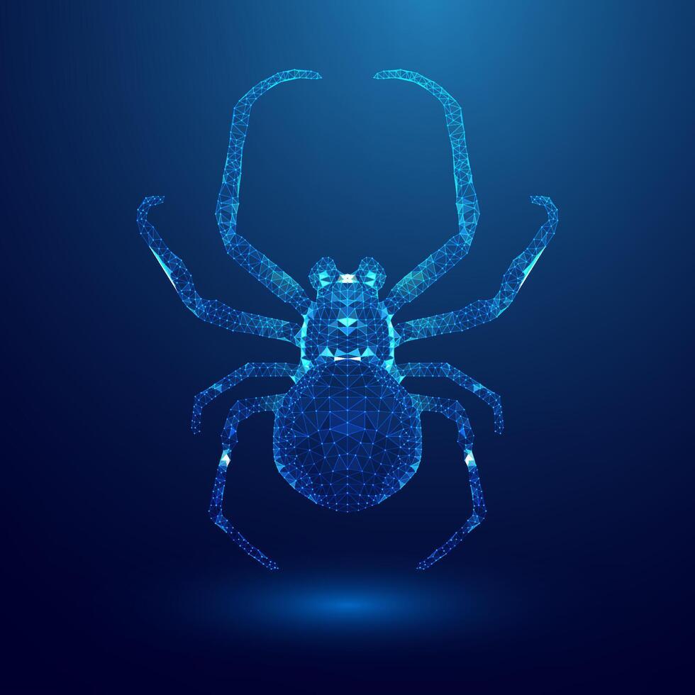 Virus spider in low poly style on blue background. Cybercryme technology network web illustration. Internet fraud abstract background. Cyber criminal hacker attack. vector