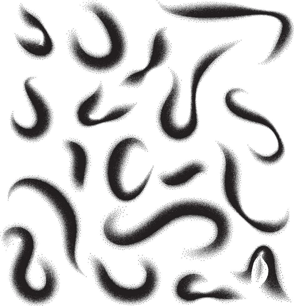 Grainy stipple patterns forming abstract fluid shapes with artistic black and white textures. Stipple brush vector