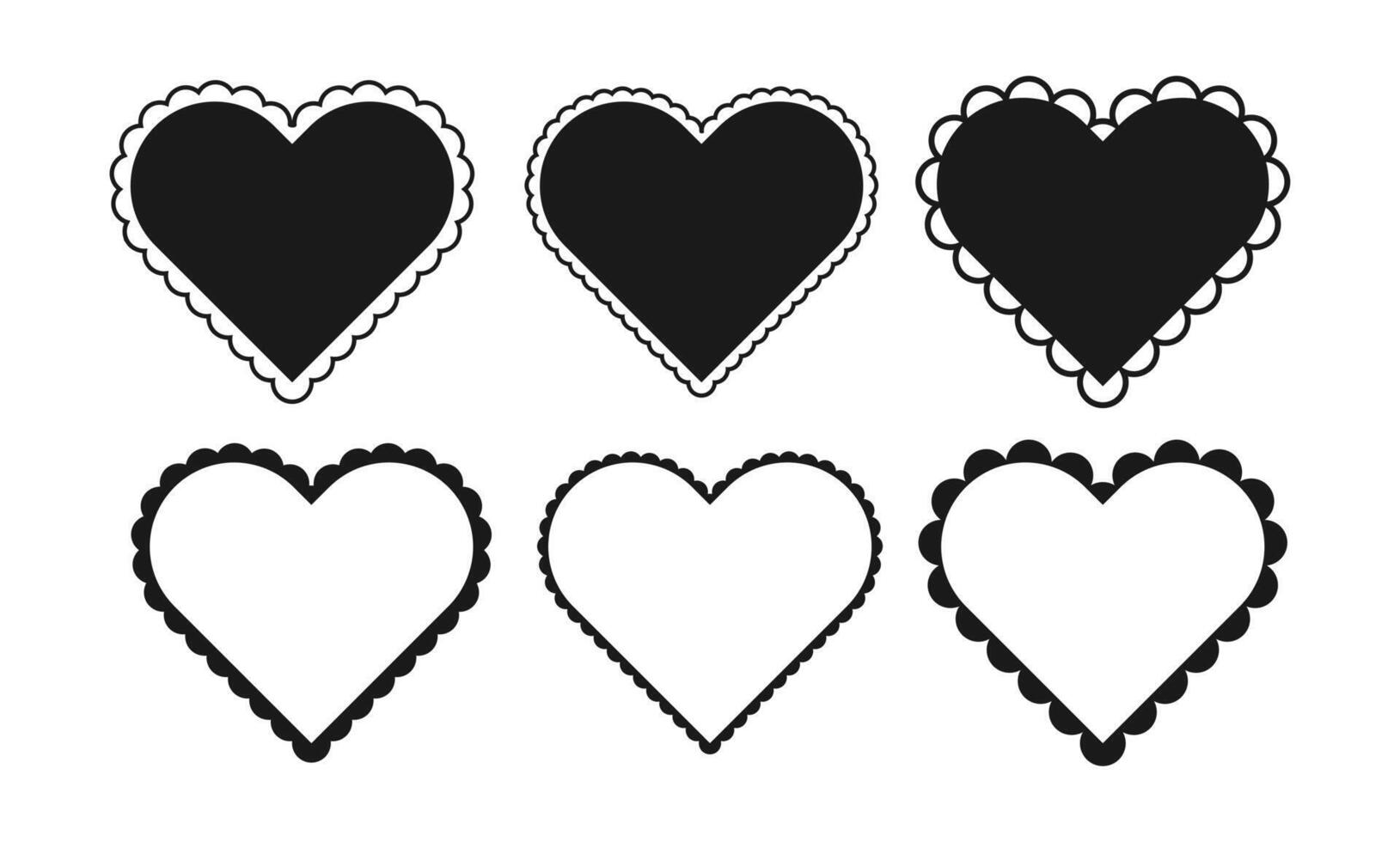 Set of scallop frame heart shape. Vintage element for greeting card. Simple Badges with Zig Zag Borders. Wiggly black Stickers Shapes vector