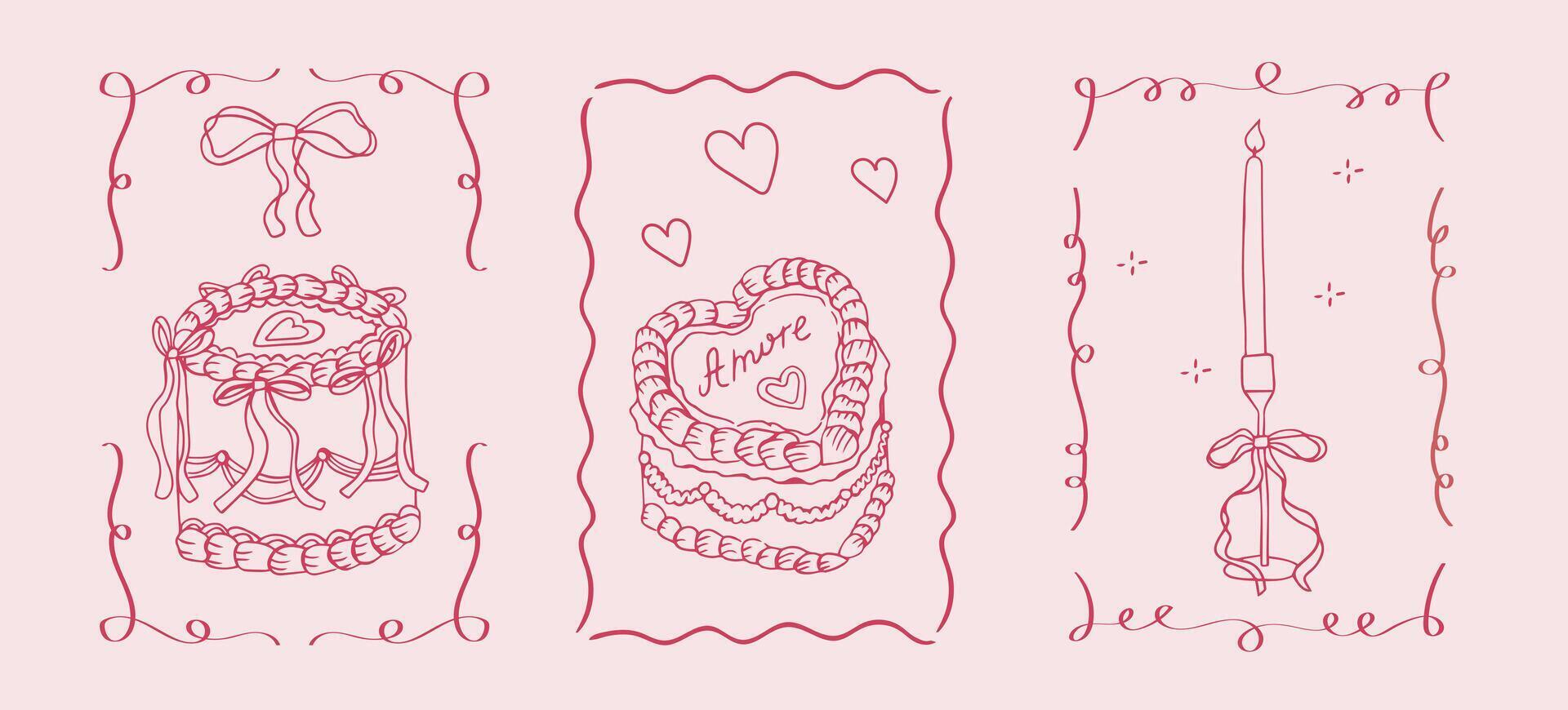 Red poster with cake with candle and cream in retro vintage style. Doodle outline frame with dessert in fancy hand drawn style. Coquette Cake Set vector