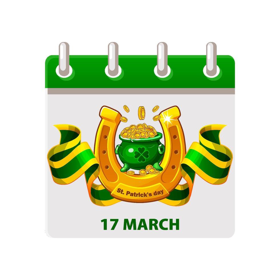 Calendar with Good luck symbols. Horseshoe, ribbon and potion with coins for your postcard, sticker, design, print or invitation vector