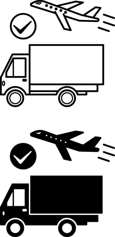 Logistics Icons. Black and White Illustration. Transportation By Car And Airplane. Delivery Services. Vehicles vector