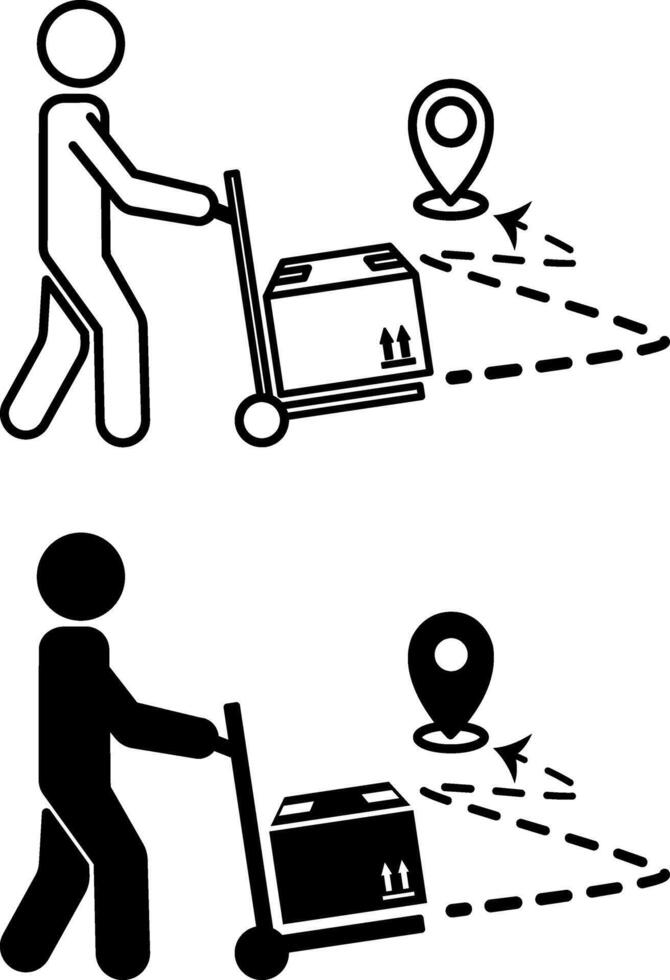 Last Mile Delivery Icons. Black and White Illustration. Courier Carrying Cargo Box to Destination. Delivery Service. Logistics Concept vector