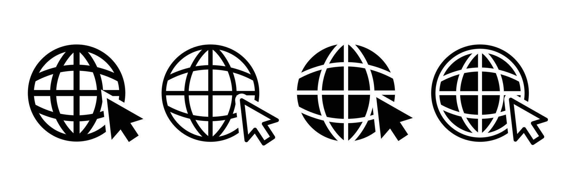 Set of web icons. Click to go to the website. Go to web icon. Globe symbol. Globe with arrow. Web sign vector