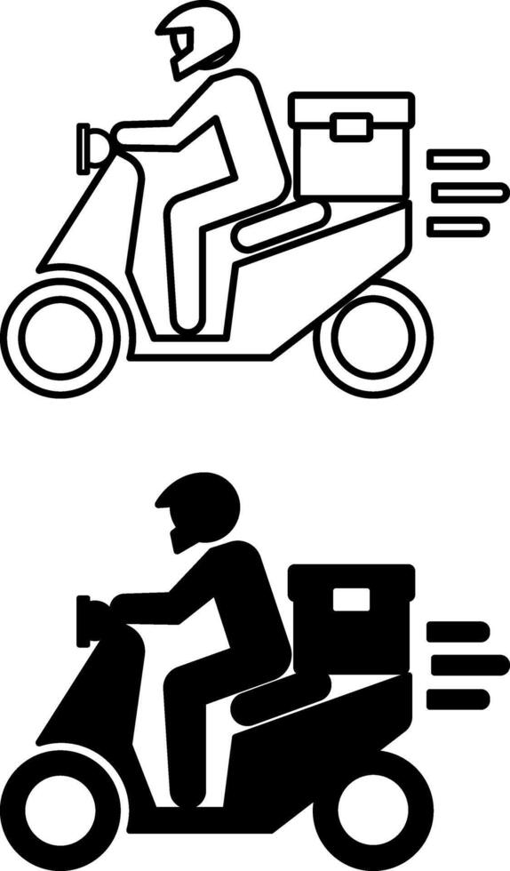 Delivery Icons. Black and White Illustrations. Courier on Scooter and Helmet Carries Parcel to Customer. Delivery Service. Logistics Concept vector