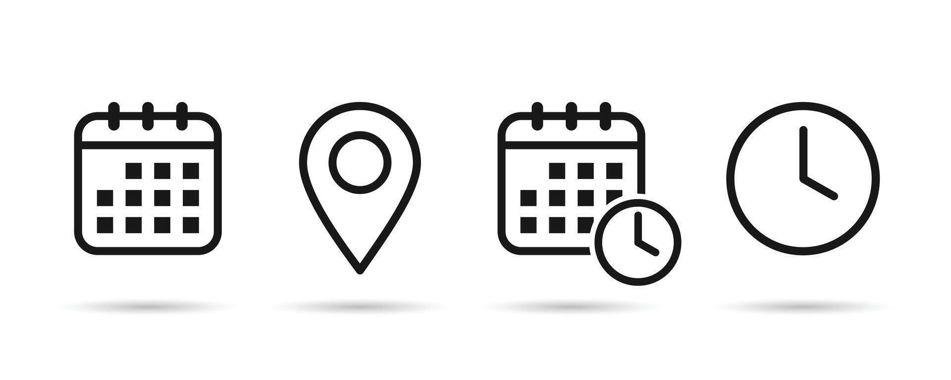 Time, date, and location icons. Calendar schedule date location time icon set vector
