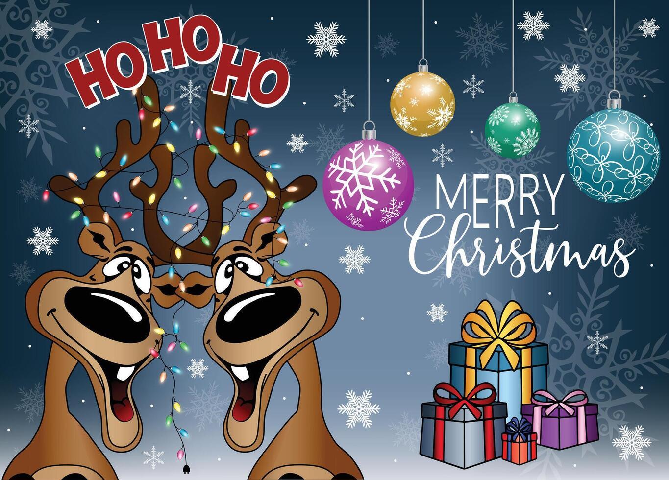 Two goofy moose cartoon characters tangled up in Christmas lights with Christmas bauble balls and presents.. vector