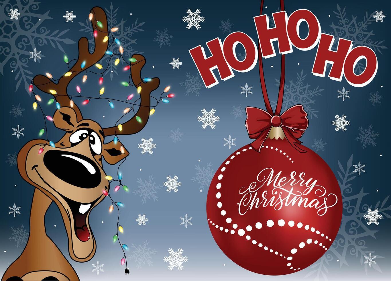 Goofy moose cartoon character illustration with a red Christmas bauble. vector