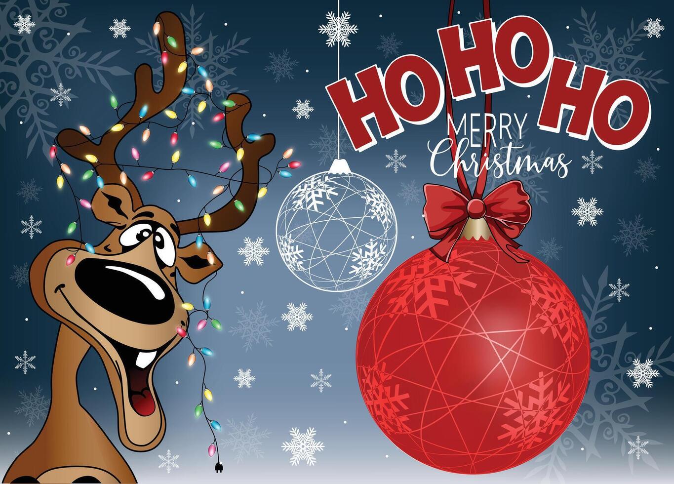 Cute Moose with Christmas lights and bulbs hanging from antlers. vector