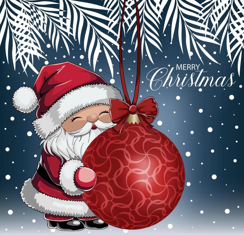 Santa gnome holding a red bauble with a white line pattern overlay. vector