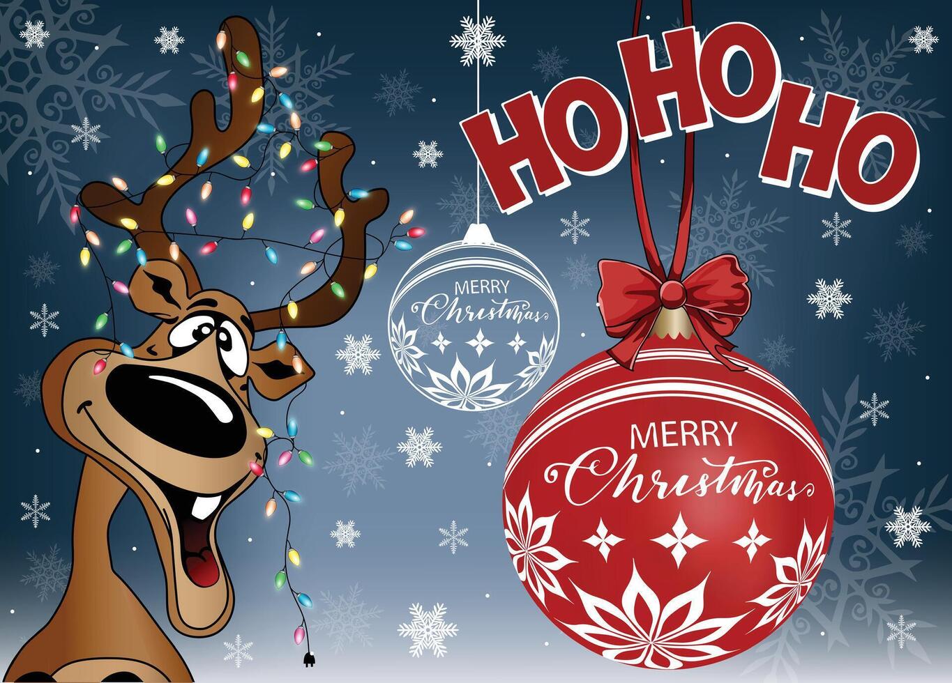 Adorable Moose with Christmas lights and bulbs hanging from antlers with a red Christmas Ball and a snowy background. vector