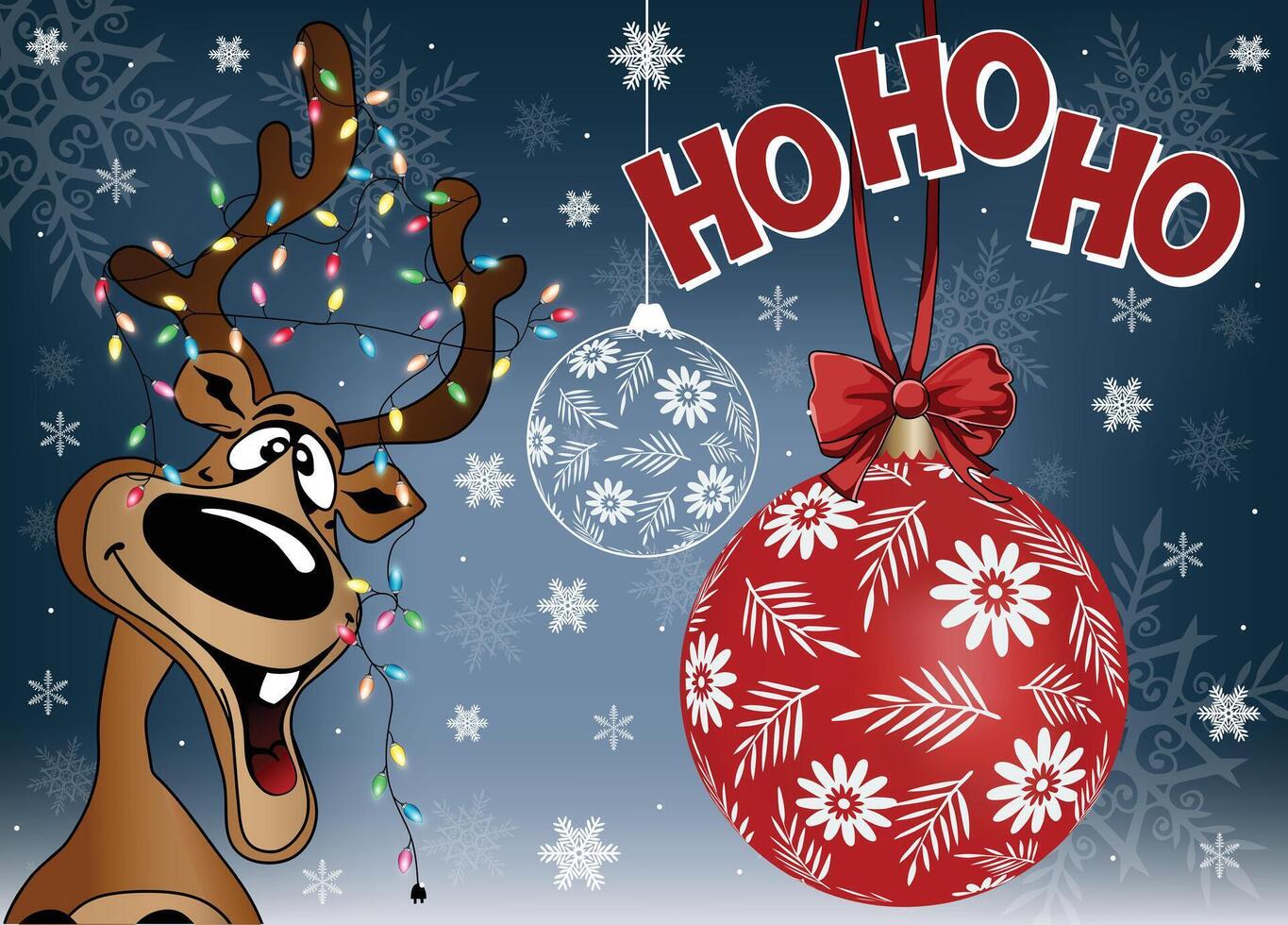 Adorable Moose with Christmas lights and bulbs hanging from antlers and a snowy background. vector