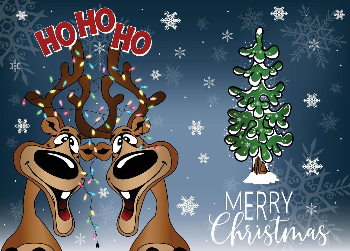 Two goofy moose cartoon characters tangled up in Christmas lights with a Christmas tree. vector