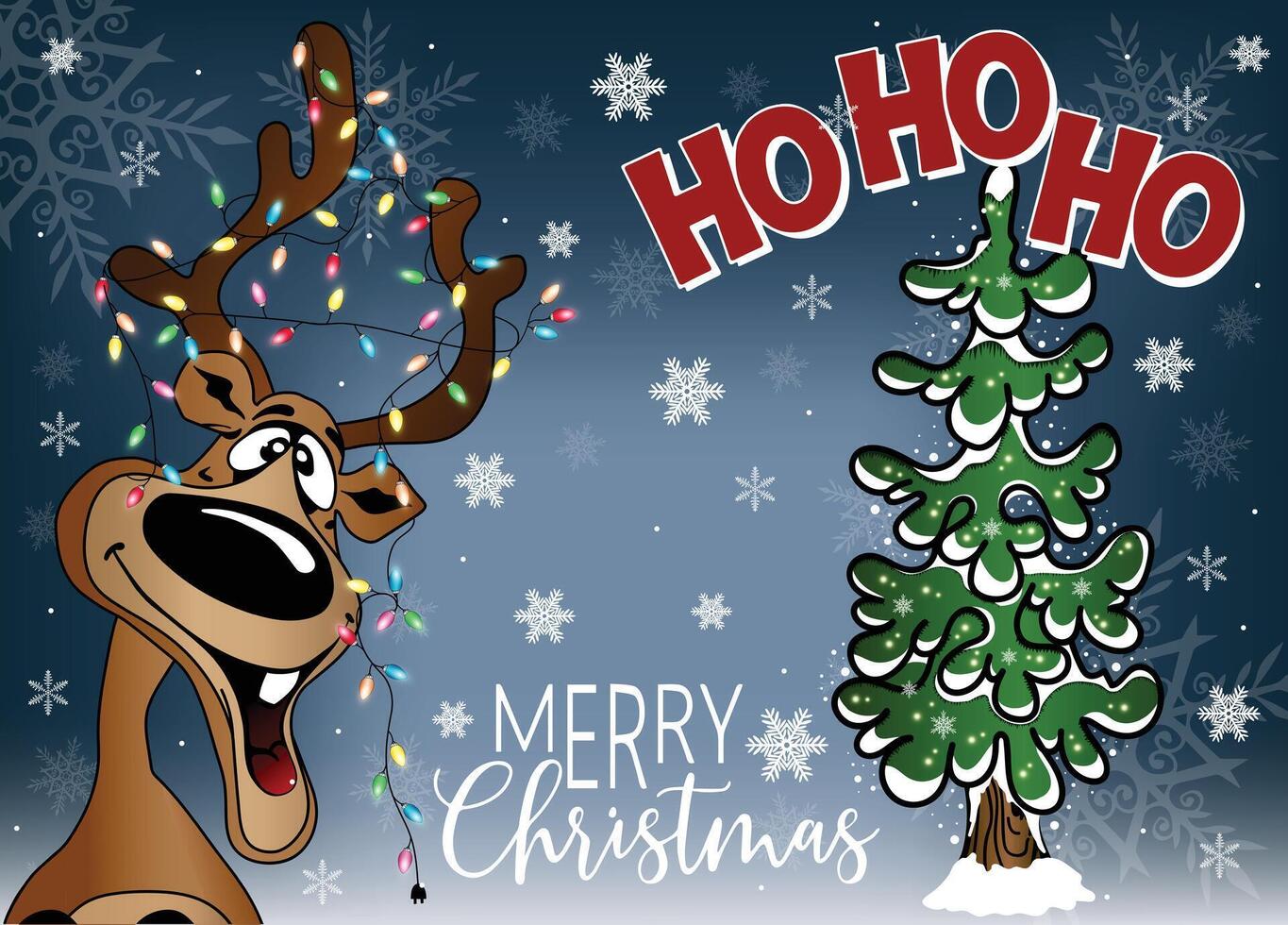 Goofy moose cartoon character illustration with a Christmas tree. vector