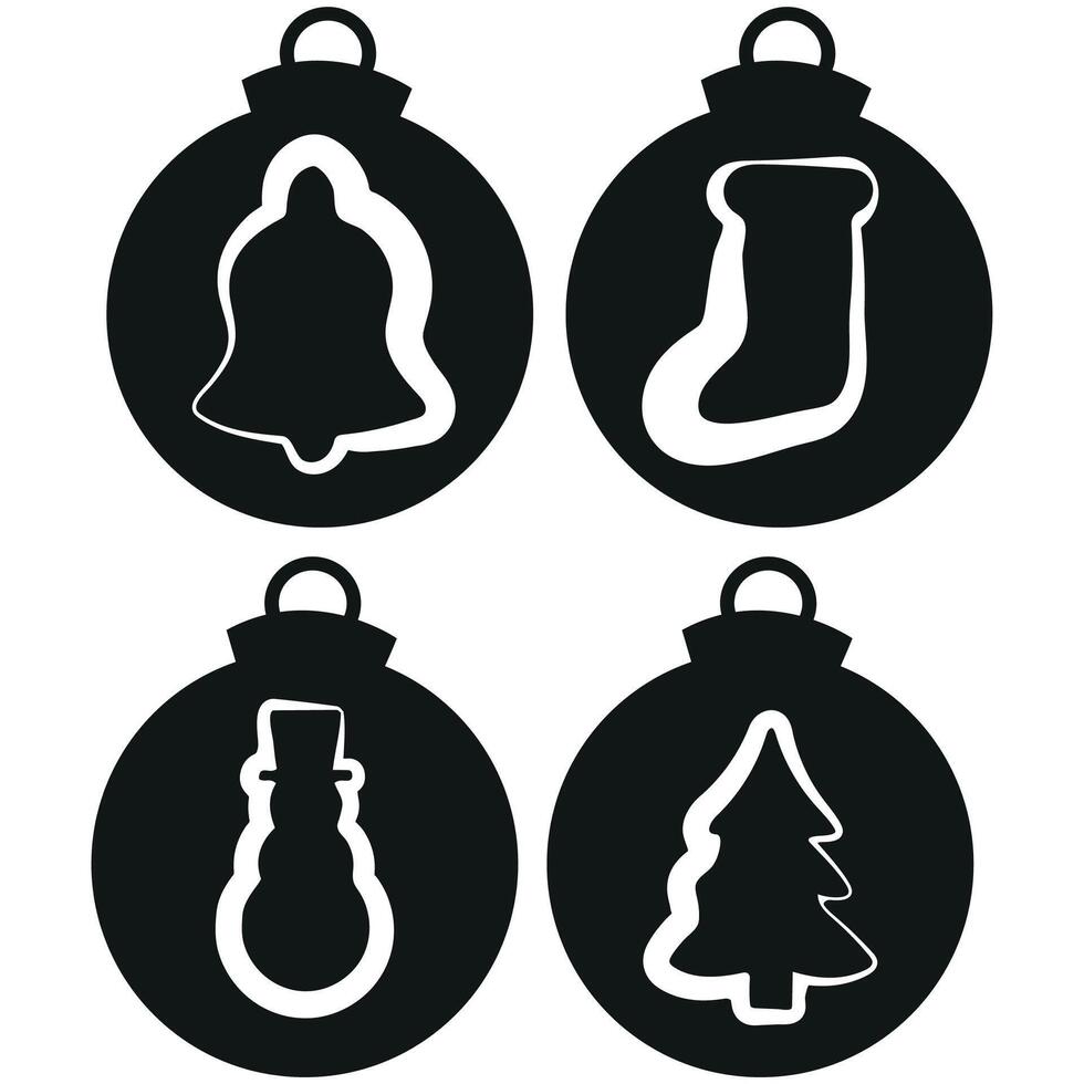 set of simple black silhouettes of New Year balls with different New Year icons, namely bell, tree and snowman icons, for different New Year decorations vector