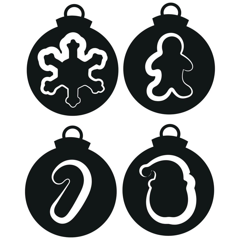 set of simple black silhouettes of New Year's balls with different New Year's icons, namely icons of Santa, snowflakes and candies, for different New Year's decorations vector