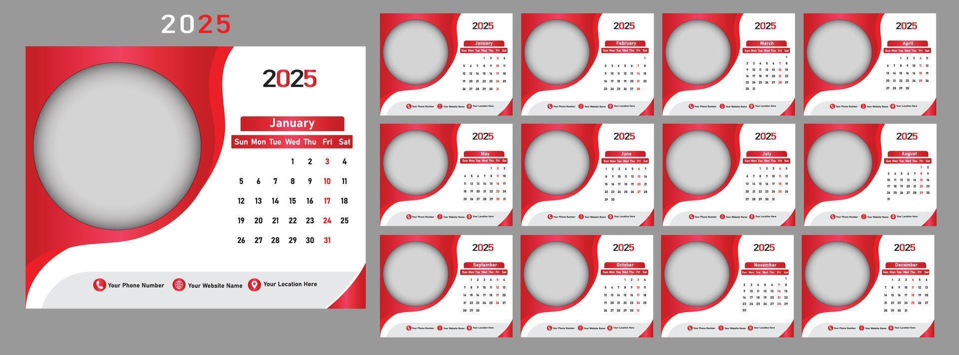 Desk and Wall Calendar 2025 ,12 Months of the Year ,Monthly Calendar Templates. vector