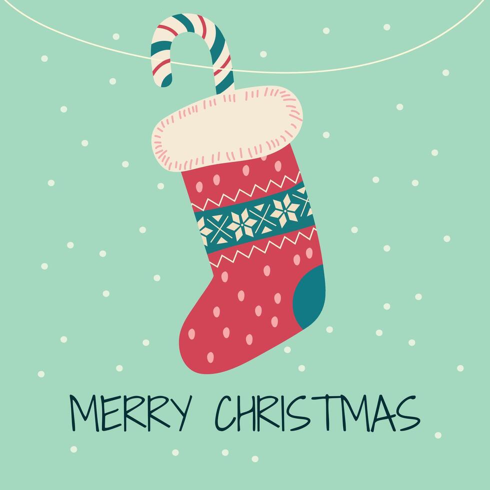 Merry Christmas. Cute New Year card with a colorful sock on a rope. vector