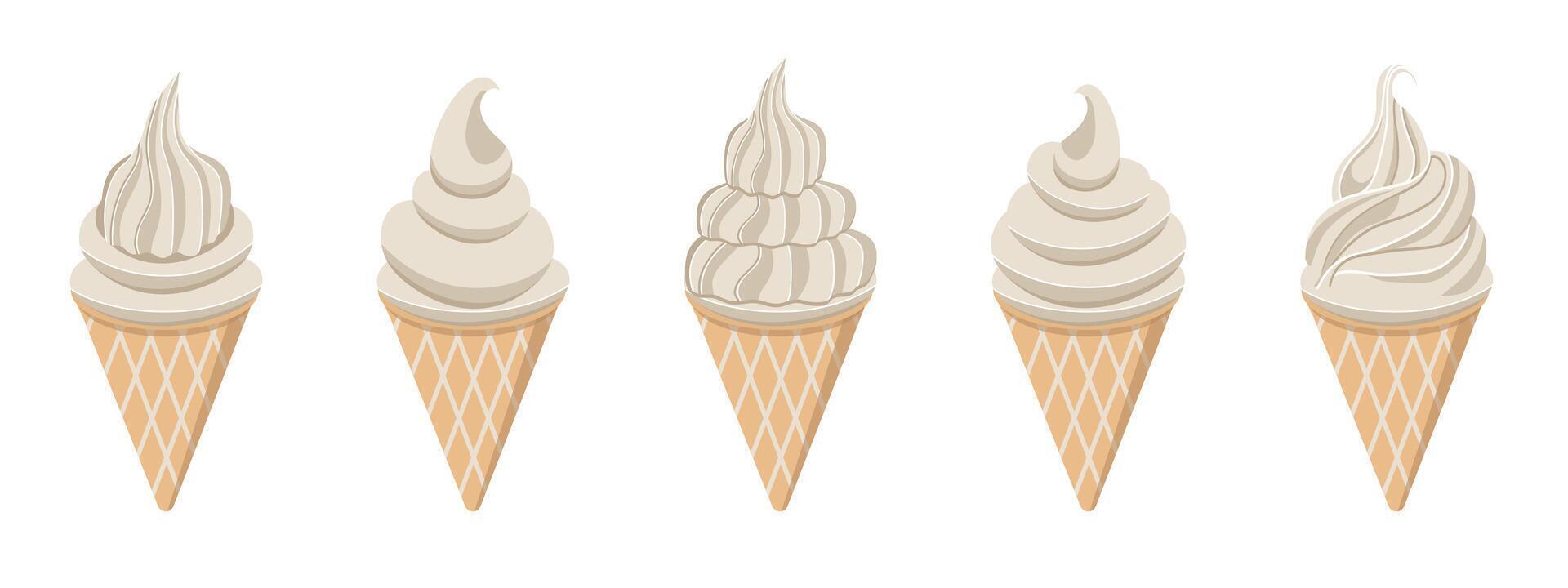 Vanilla ice cream cone flat illustration. Set with ice cream of different shapes. Beige and white ice cream on white background. Swirl of soft serve ice cream. vector