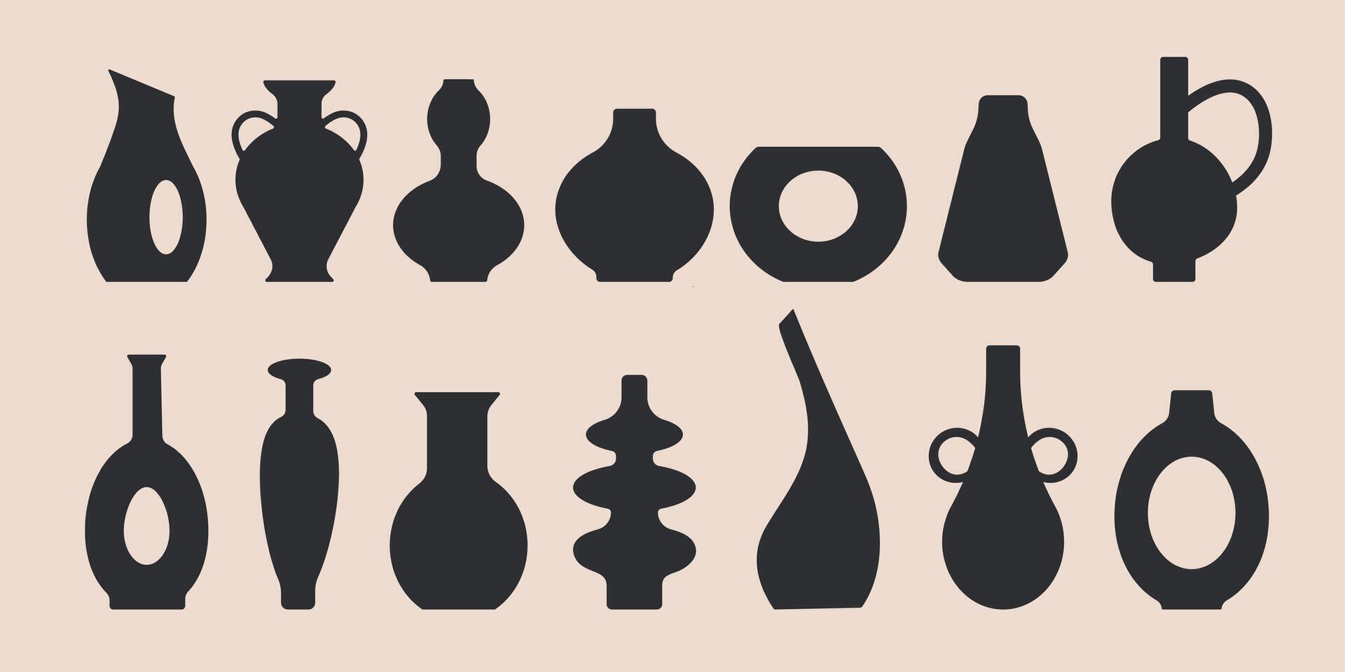 Set of ceramic vases. Different shapes. Ancient black ceramic vase amphora jar silhouette shapes, hand drawn isolated icons. Black silhouettes. Pottery concept. Stamp texture. Trendy illustrati vector