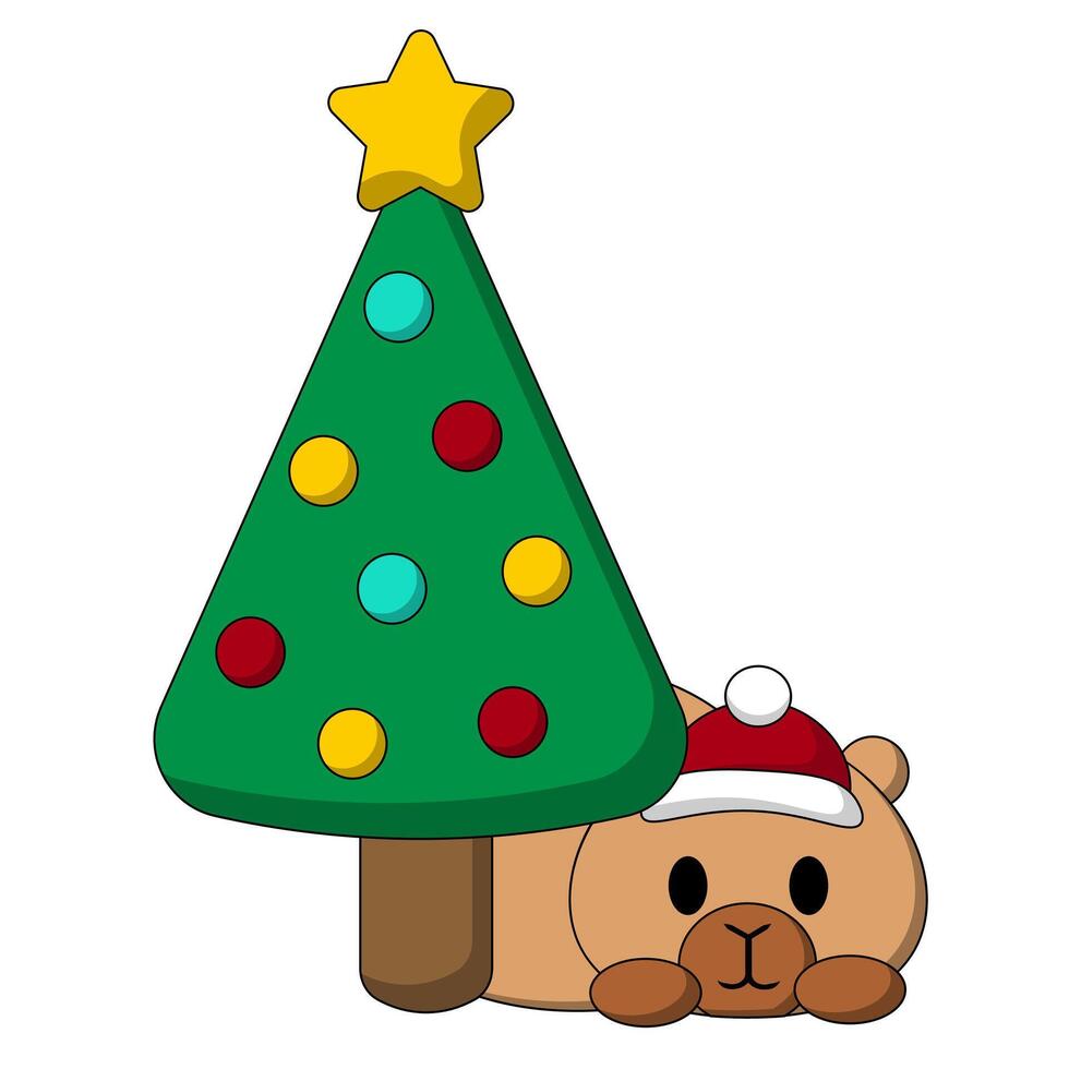 Cute Capybara with Christmas Tree in color vector