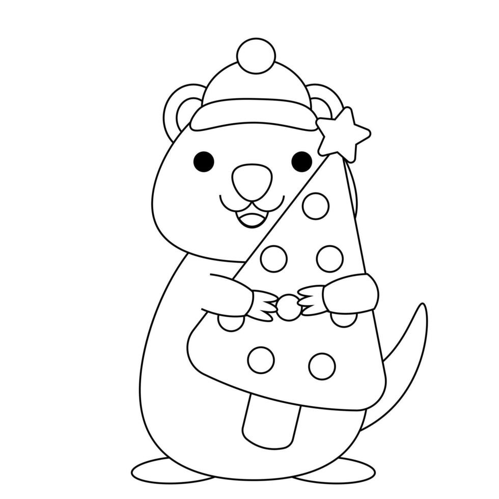 Cute Quokka with Christmas tree in black and white vector