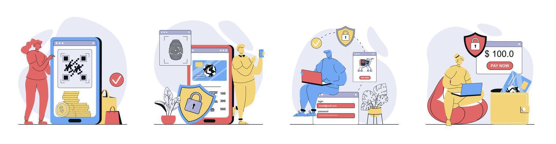 Secure payment concept set in flat design for web. Collection with people ordering with online pay and protection shield service, make safety money transfer in internet store. illustrations. vector