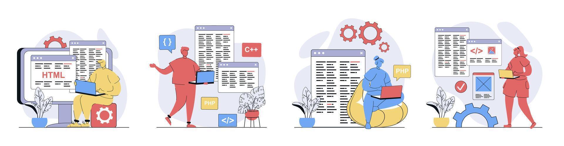 Programmer working concept set in flat design for web. Collection with people programming at different computer languages, creating code at screens, developing new it products. illustrations. vector
