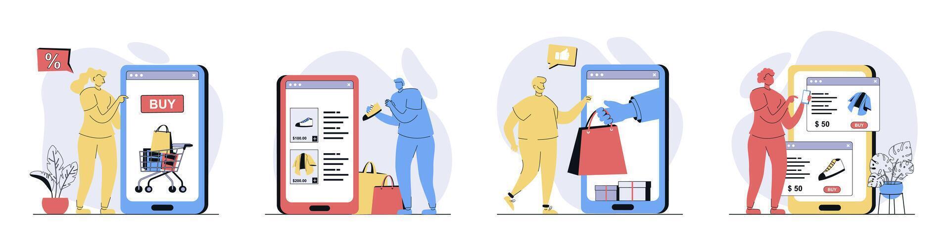 Mobile commerce concept set in flat design for web. Collection with people choosing in assortment and making online shopping at sales, ordering products, paying online in apps. illustrations. vector