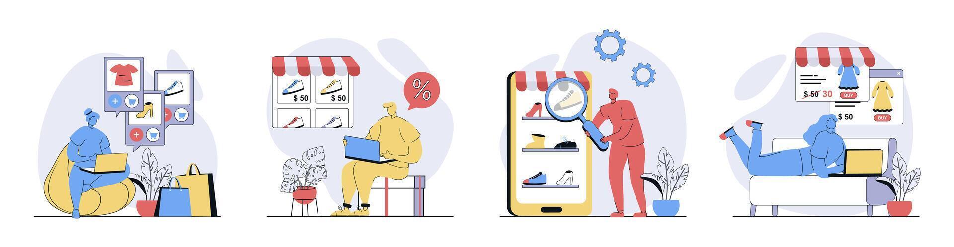 Online shopping concept set in flat design for web. Collection with people ordering new clothes or shoes in internet stores, paying with best price in mobile app, using delivery. illustrations. vector
