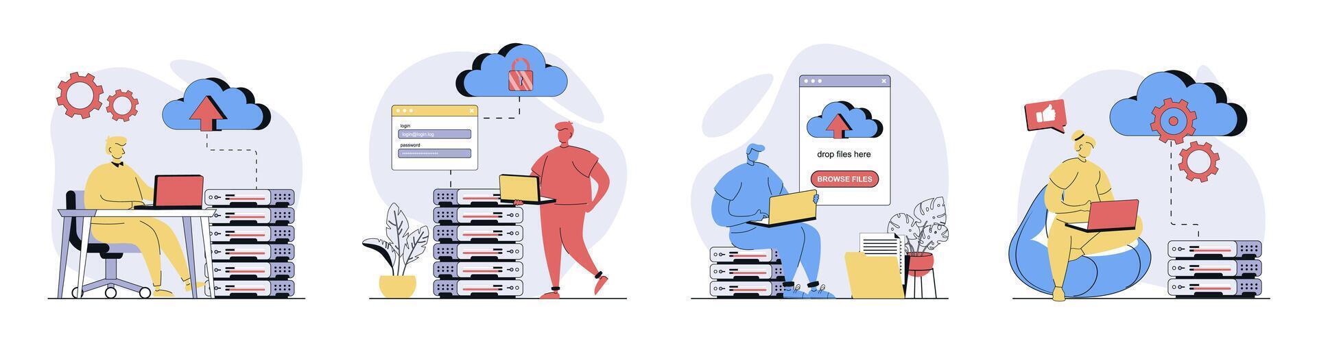 Cloud computing concept set in flat design for web. Collection with people using cloud processing, making sync and data backup with online files storage, sharing and download. illustrations. vector