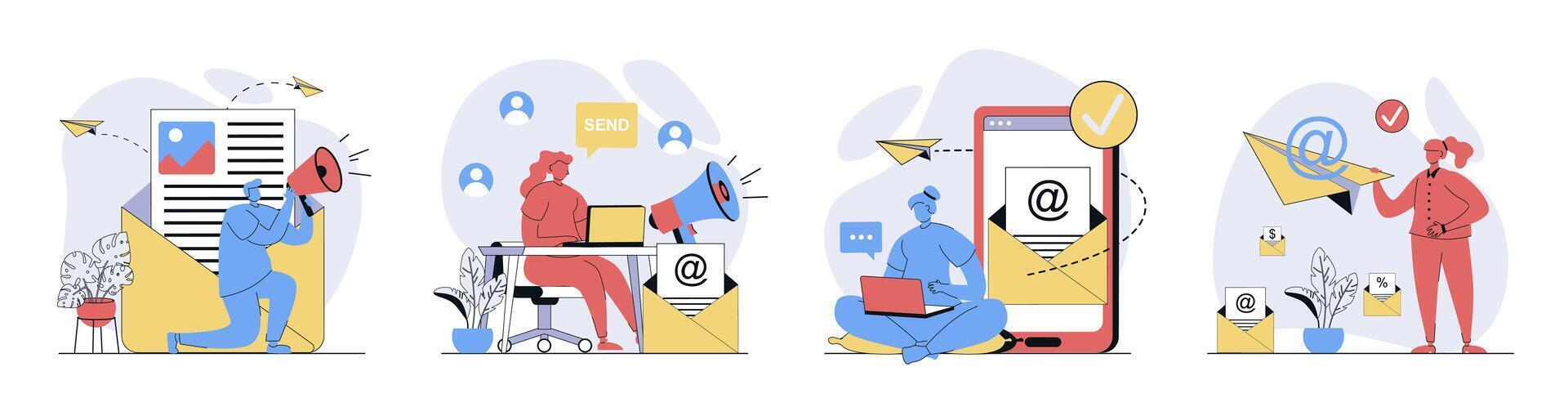 Email marketing concept set in flat design for web. Collection with people sending promo information letters to mail boxes, making advertising campaign with online messages. illustrations. vector