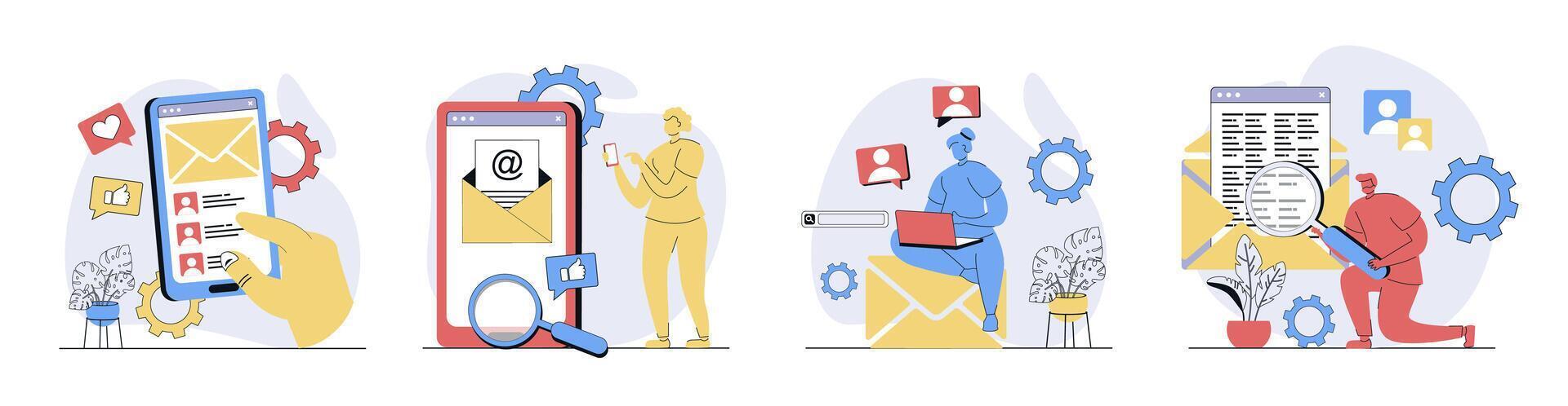 Email service concept set in flat design for web. Collection with people sending emails at phone app or laptop, receiving subscription notifications and online messages inbox. illustrations. vector