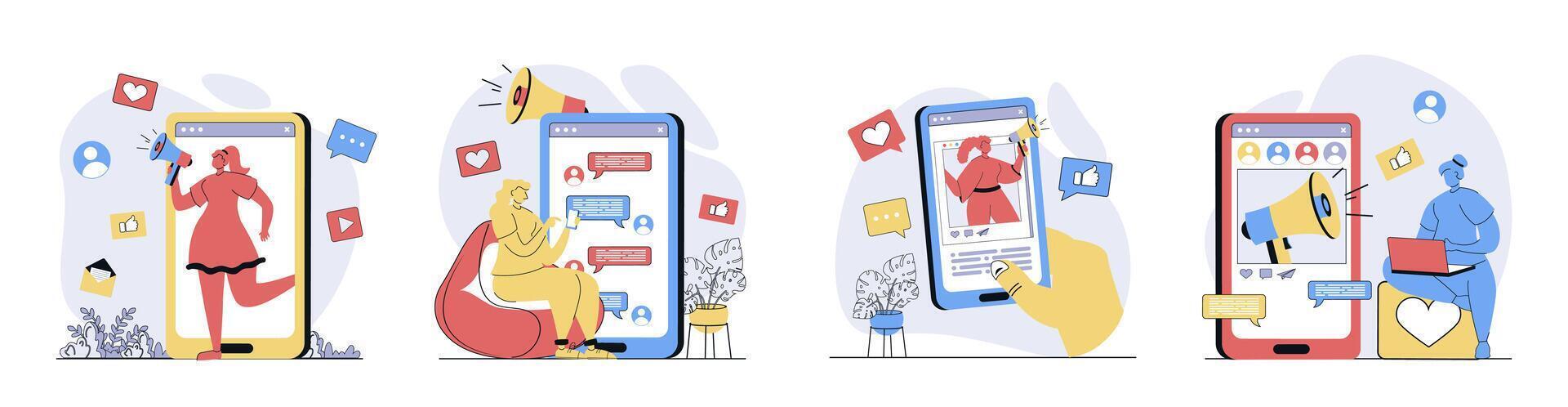 Social media marketing concept set in flat design for web. Collection with people making online advertising, influencers work with targeting audience, clients making purchases. illustrations. vector