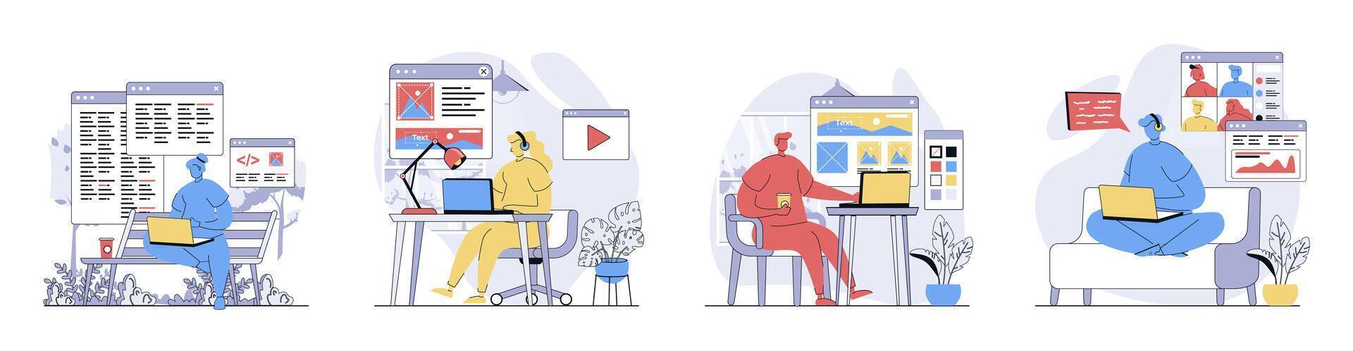 Freelance working concept set in flat design for web. Collection with people working remotely from home, programing, designing sites and content, briefing by calling. illustrations. vector