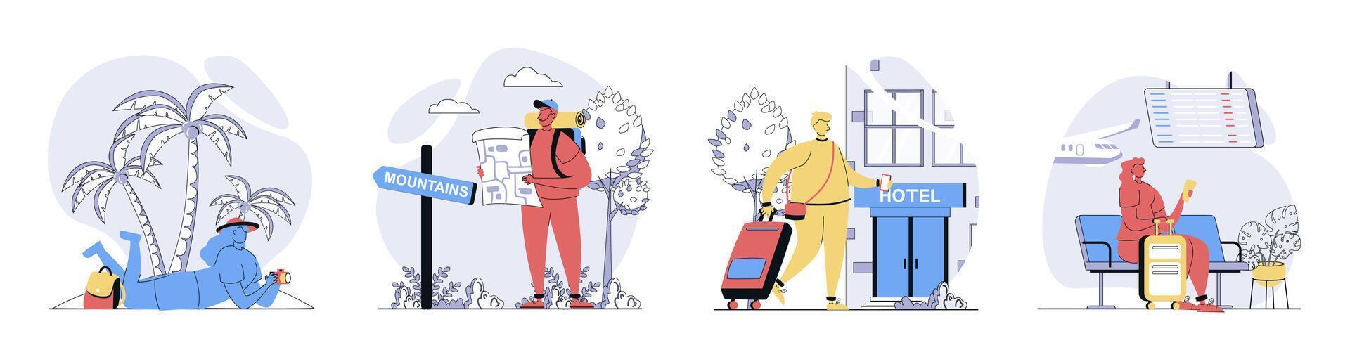 Travelling concept set in flat design for web. Collection with people go in vacation at sea beach, hiking in mountains, waiting boarding at airport, booking hotel room in trip. illustrations. vector