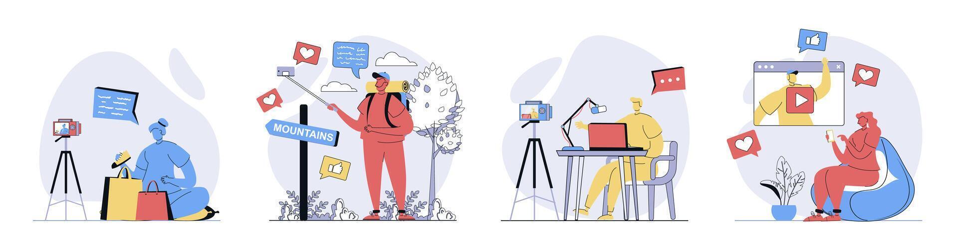 blogging concept set in flat design for web. Collection with people recording new videos in personal blog, making live translation from travel, followers watching content. illustrations. vector