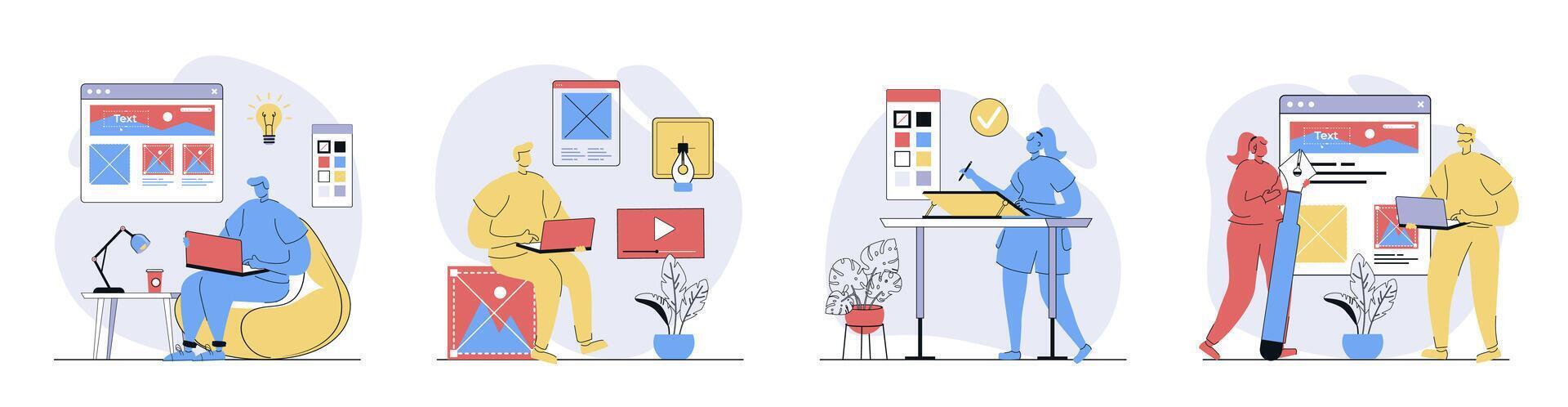 Designer studio concept set in flat design for web. Collection with people drawing digital images and graphic elements, selecting colours, building visual site layout with tools. illustrations. vector