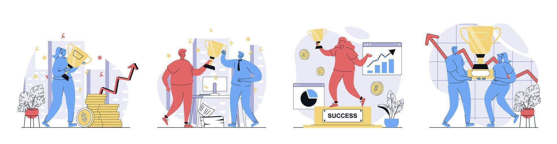 Business award concept set in flat design for web. Collection with people working together and achieving career goals, celebrating win, get golden trophy cup and increase profit. illustrations. vector