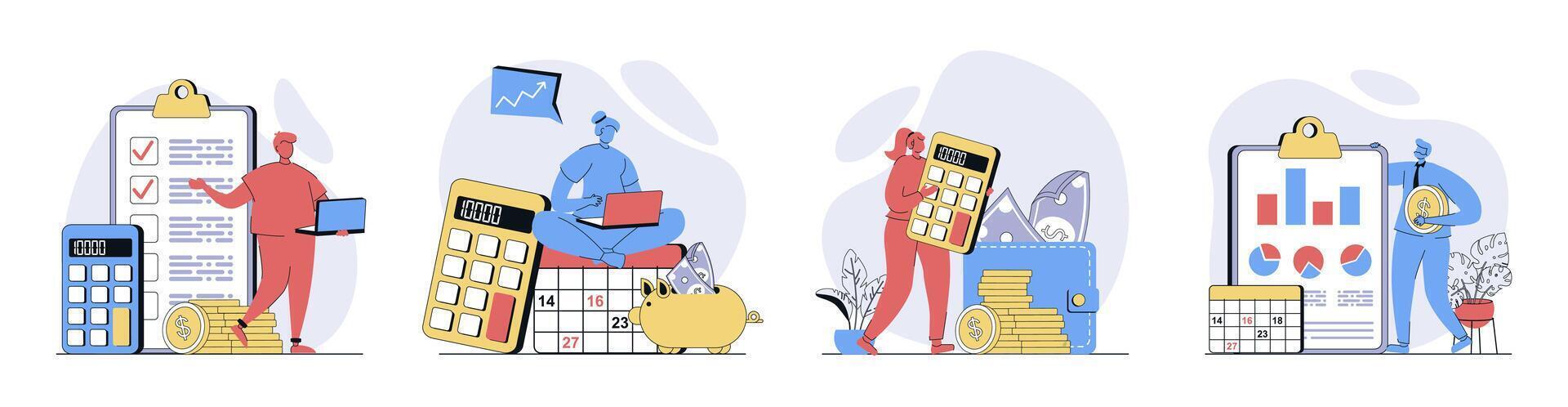 Planning financial budget concept set in flat design for web. Collection with people analyzing personal money and accounts, calculating finance, creating strategy with calendar. illustrations. vector
