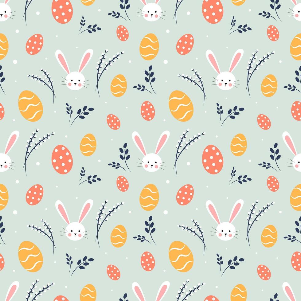 Seamless Easter pattern with bunnies, eggs and flowers vector