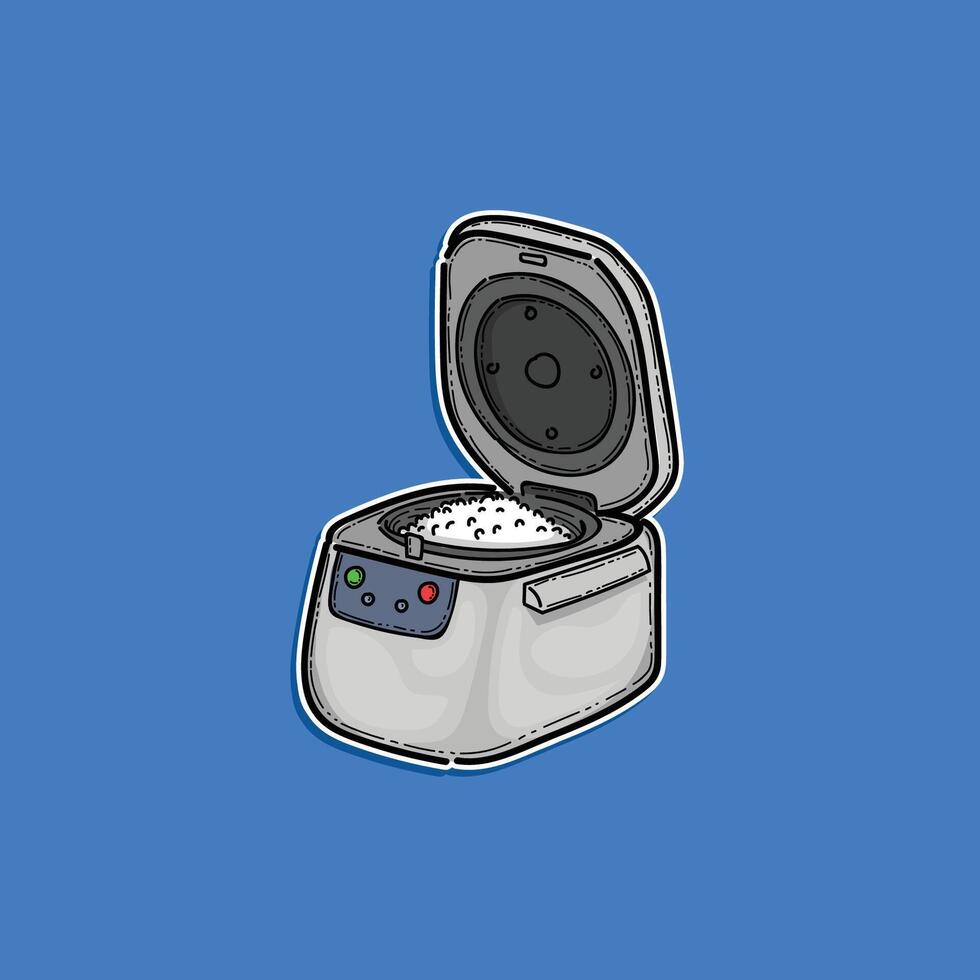 Illustration of a Modern Rice Cooker Open Lid and Cooked Rice on a Blue Background. Perfect for themes related to kitchen appliances, food preparation, and culinary arts. vector