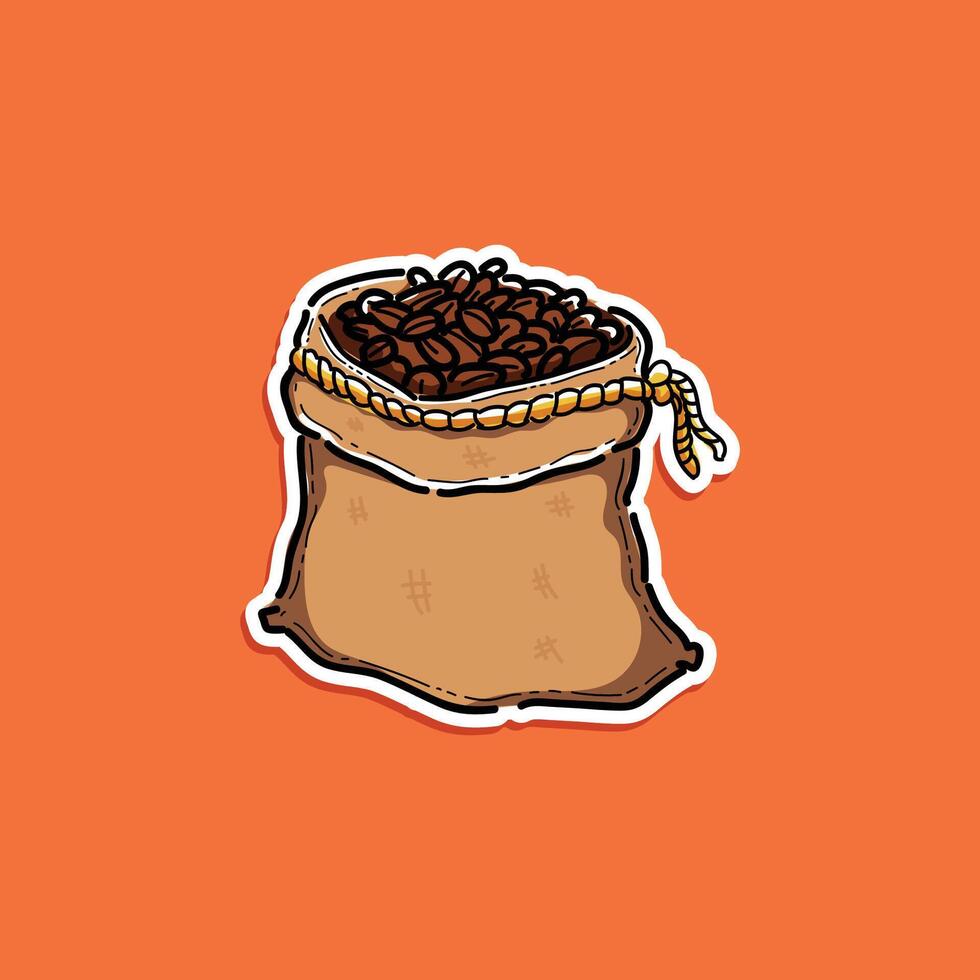 A stylized illustration of a burlap bag filled with coffee beans, displayed on a vibrant orange background, offering a cheerful and creative representation of a coffee theme. vector