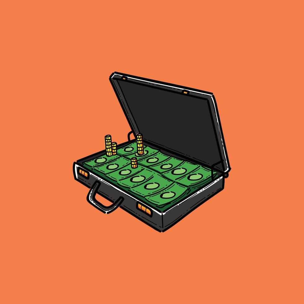 A colorful illustration of an open briefcase filled with stacks of cash and gold coins, symbolizing wealth, financial success, and prosperity, with an orange background. vector