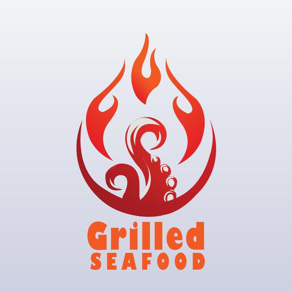The logo design depicts a burning octopus with flames on the side and top, suitable for seafood culinary delights vector