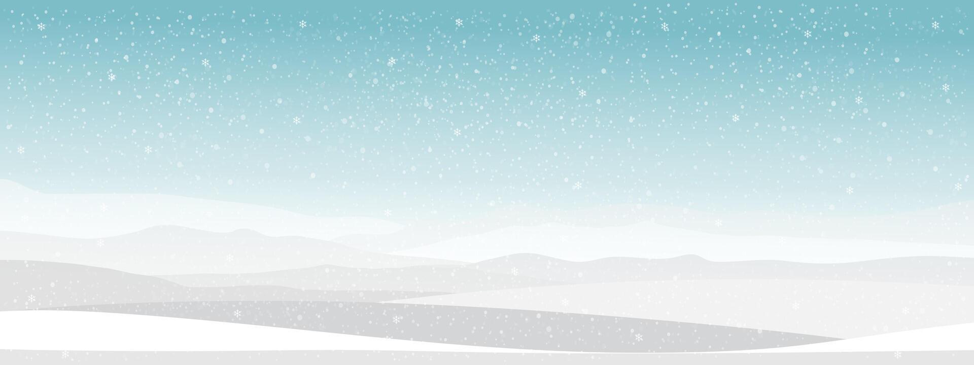 Christmas background with falling snow on wavy mountains landscape,Falling Snow flakes against blue sky, Banner Cartoon Horizon Beautiful Natural Scenery for New Year Greeting card 2025 vector